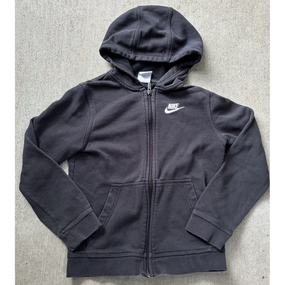 Nike Unisex Kids Full Zip Hoodie Black Long Sleeve Kangaroo Pocket Swoosh Logo M